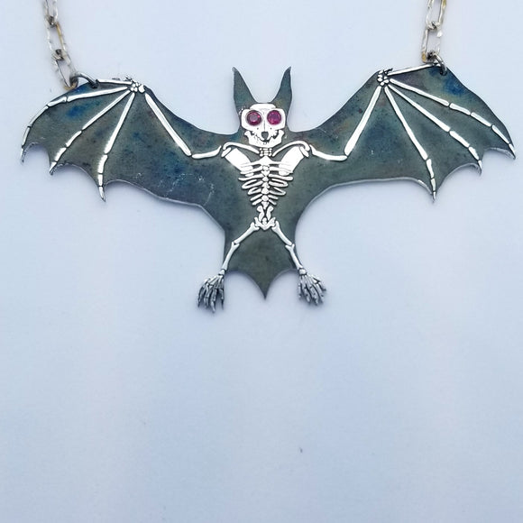 Large Bat Necklace with Gemstone Eyes